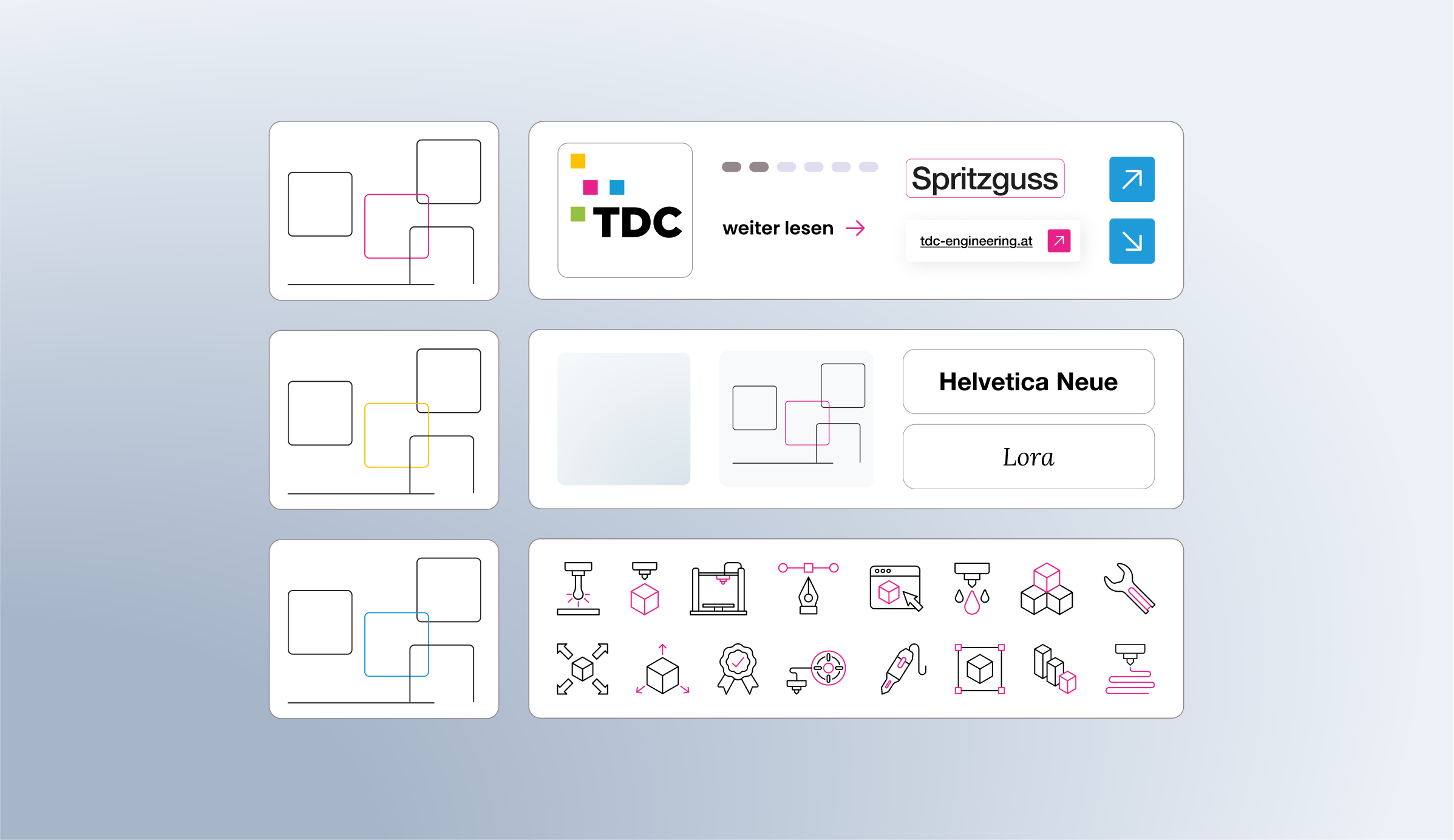 Elemente, die auf der TDC Website und auf Social Media verwendet wurden z.B. Schrift, Farben, Icons