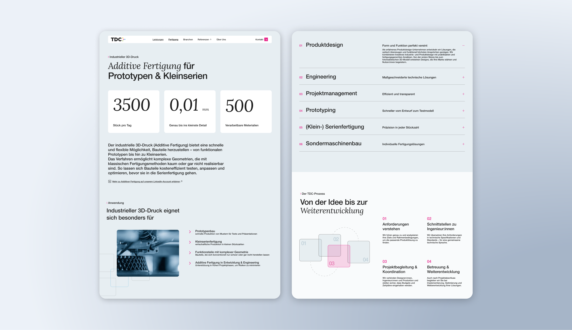 Zwei Screenshots der Website mit Fact-Cards und Text