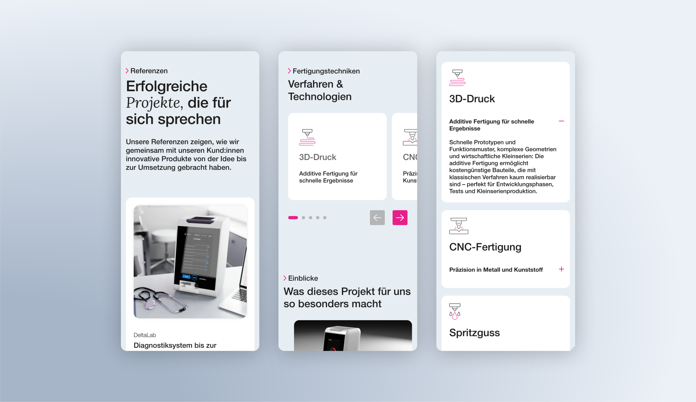 3 mobile Screens von Karten- und Projekt-Elementen
