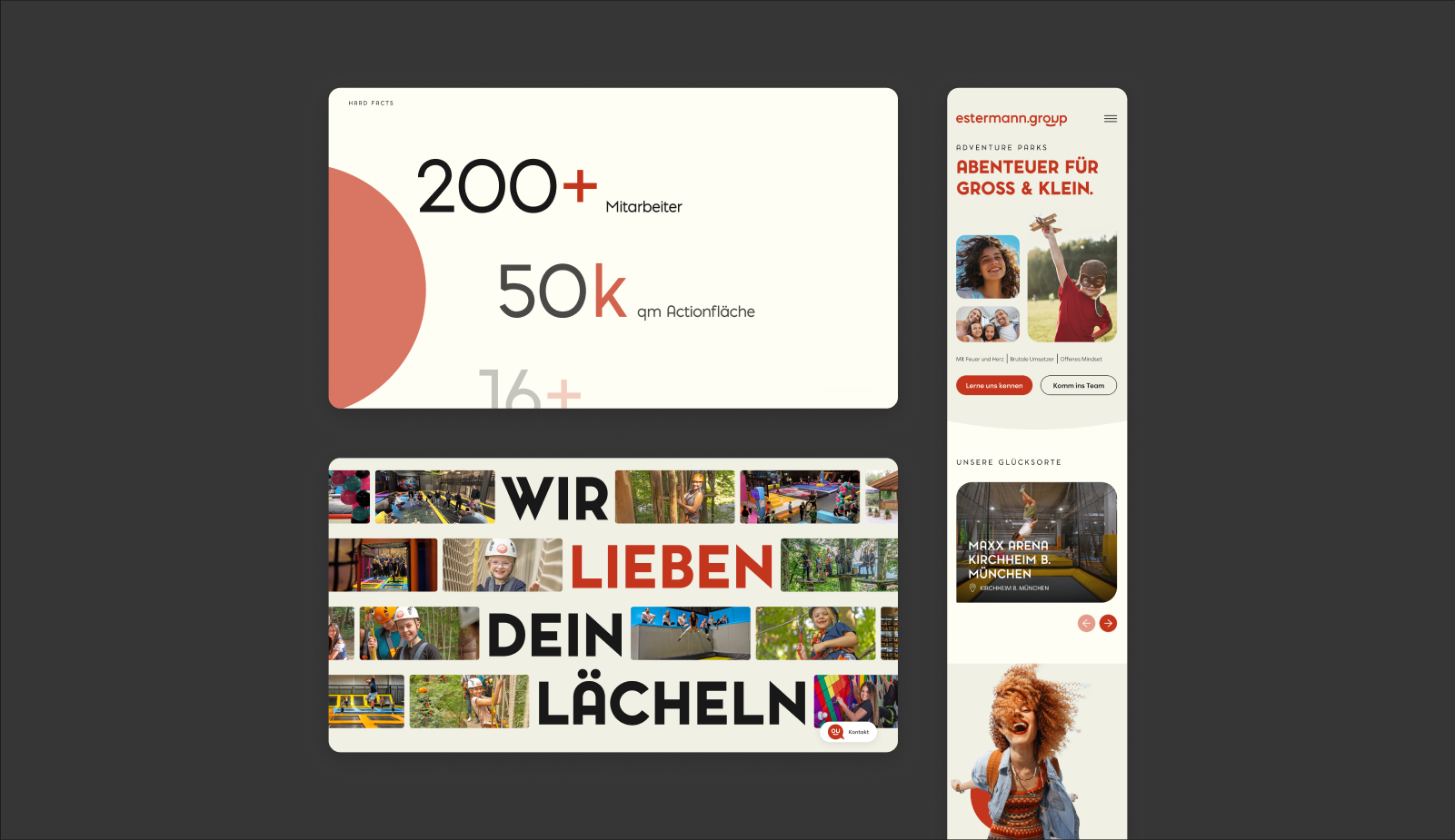 Drei Screenshots der Website mit der Startseite, Daten und Fakten und einer Bildergalerie.
