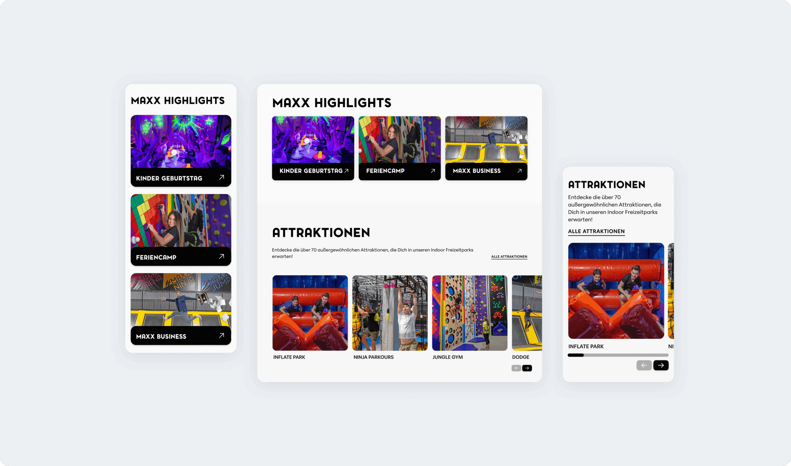 Ein Teil der Website, auf dem besondere Ticket-Angebote und Park-Areas angezeigt werden - jeweils in Desktopversion und in mobiler Ansicht