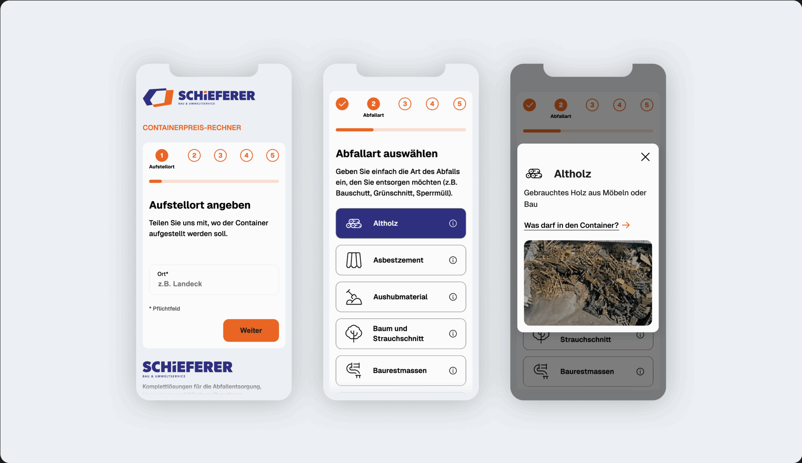 drei Screenshots eines Mobiltelephones auf dem man die ersten Schritte des Containerpreis-Rechners sieht