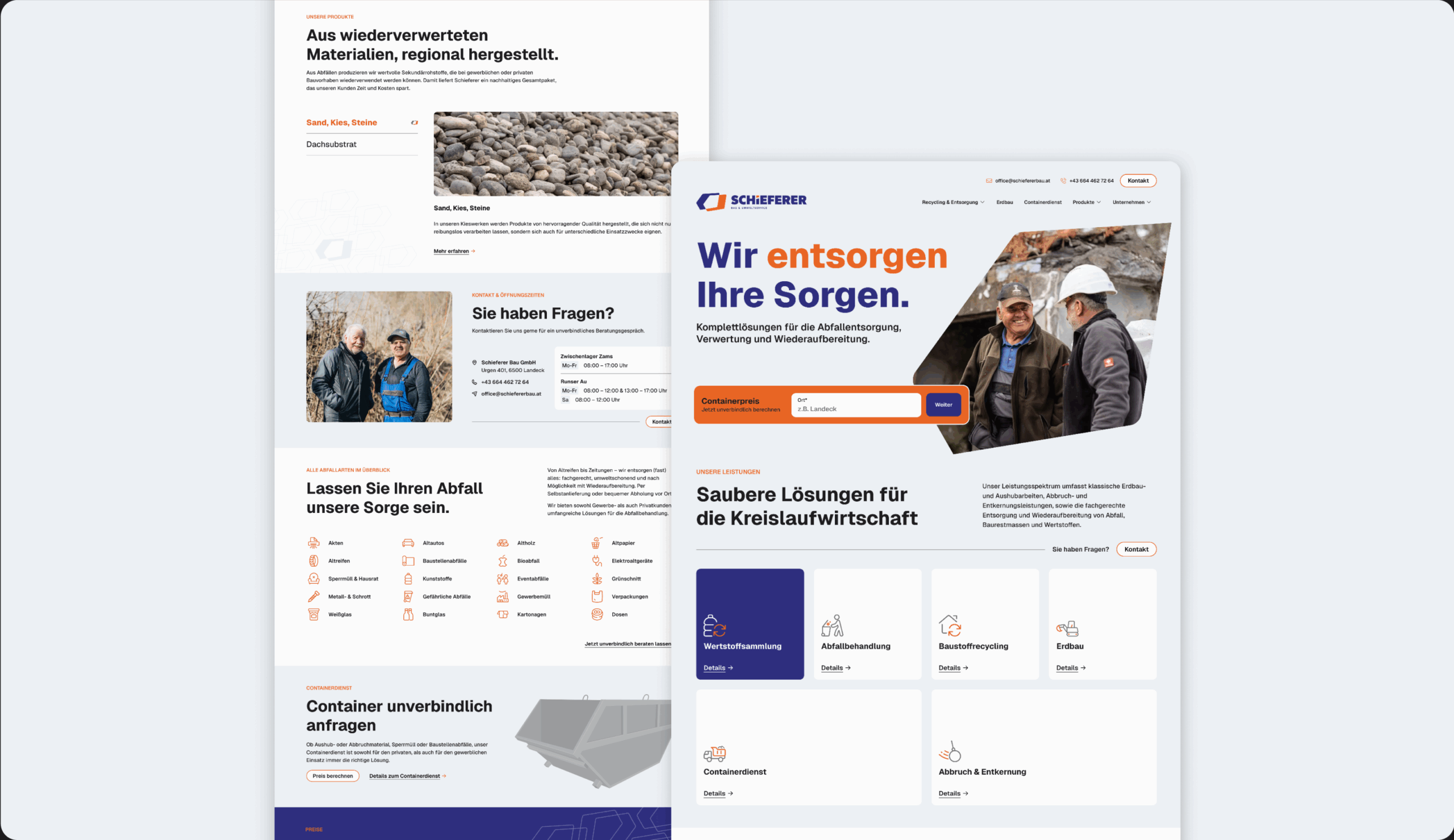 Zwei Screenshots der Schieferer Website auf denen das Leistungsangebot zu sehen ist.