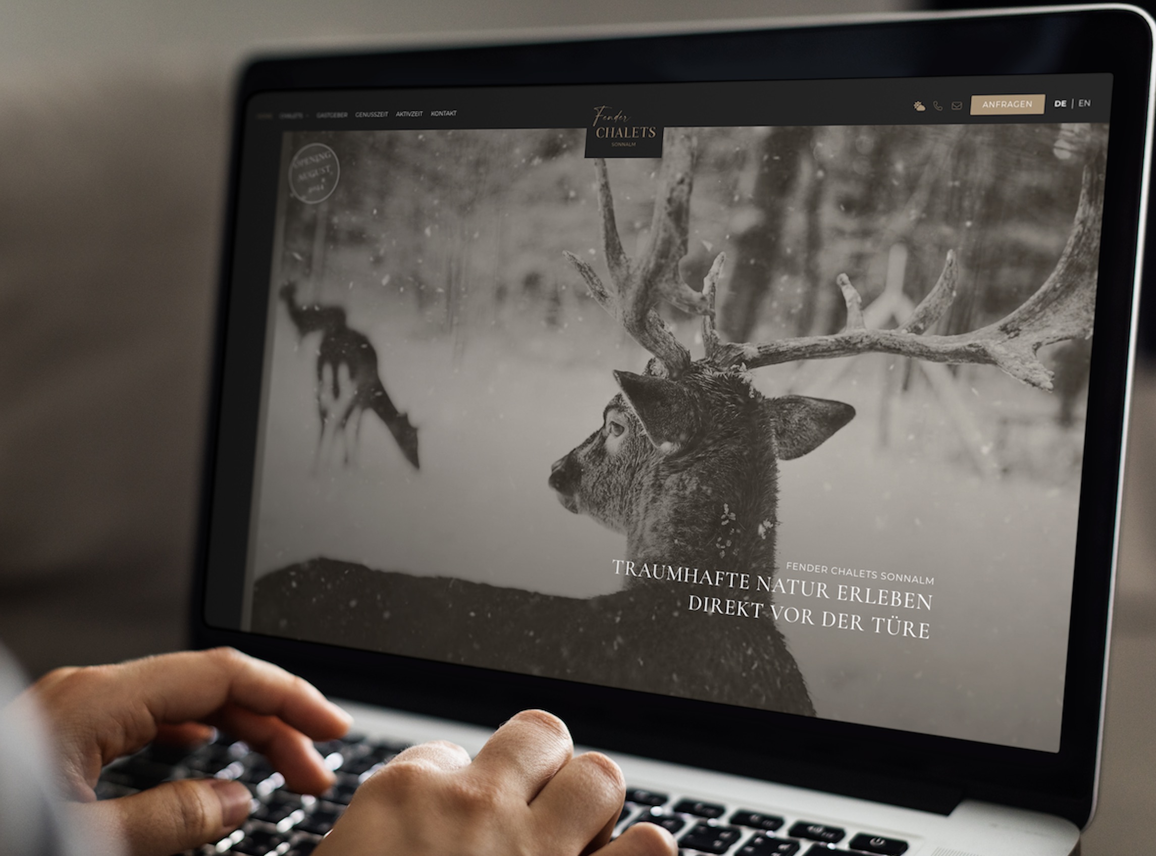 Eine Abbildung eines Laptops, das die Website von Fender Chalets zeigt